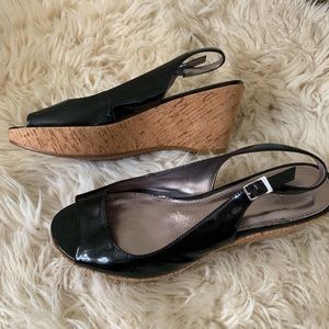 Calvin Klein Patent Peep Toe Cork Wedge Slingbacks